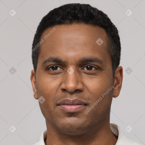 Neutral black young-adult male with short  black hair and brown eyes