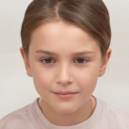 Joyful white child female with short  brown hair and brown eyes