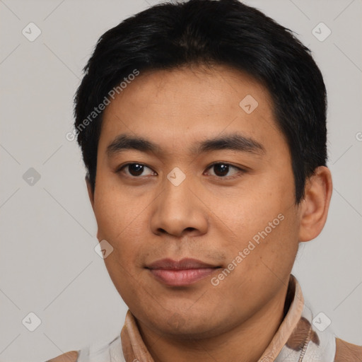 Neutral asian young-adult male with short  black hair and brown eyes