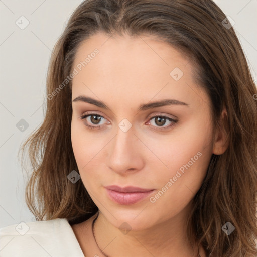 Neutral white young-adult female with long  brown hair and brown eyes