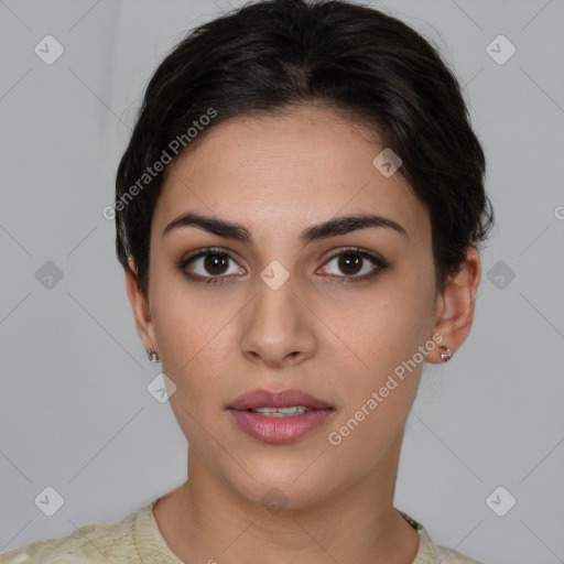 Neutral white young-adult female with short  brown hair and brown eyes