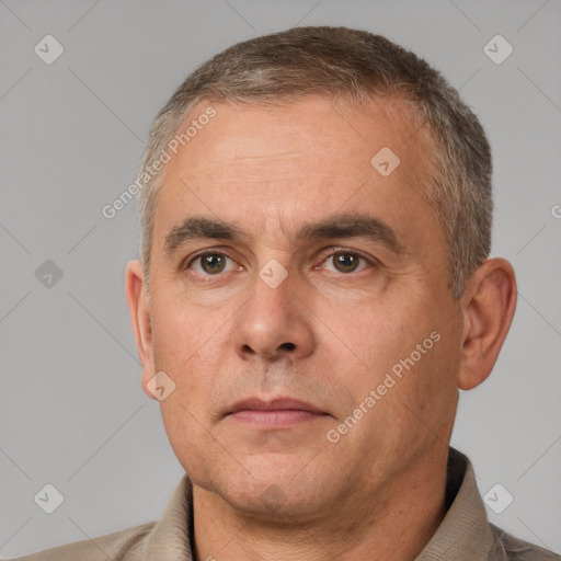 Neutral white adult male with short  brown hair and brown eyes