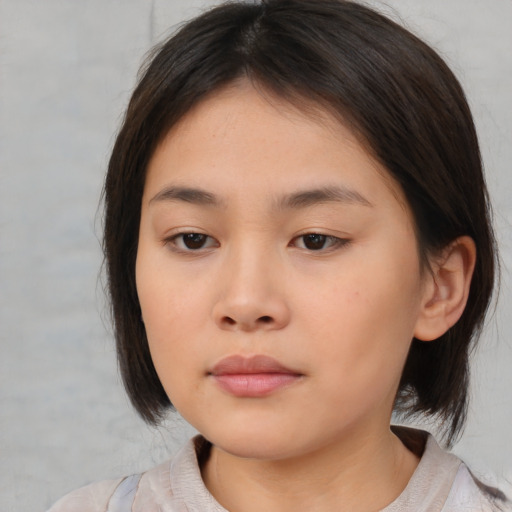 Neutral asian young-adult female with medium  brown hair and brown eyes