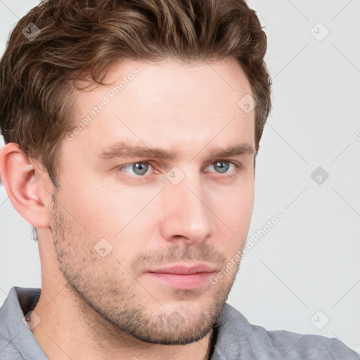 Neutral white young-adult male with short  brown hair and grey eyes