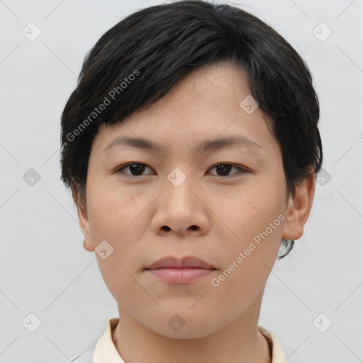 Neutral asian young-adult female with short  brown hair and brown eyes