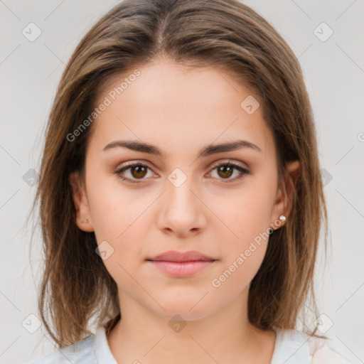 Neutral white young-adult female with medium  brown hair and brown eyes