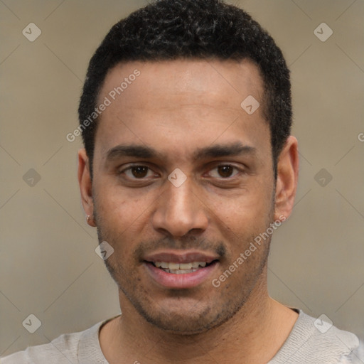 Joyful white young-adult male with short  black hair and brown eyes