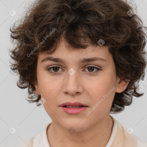 Joyful white child female with medium  brown hair and brown eyes