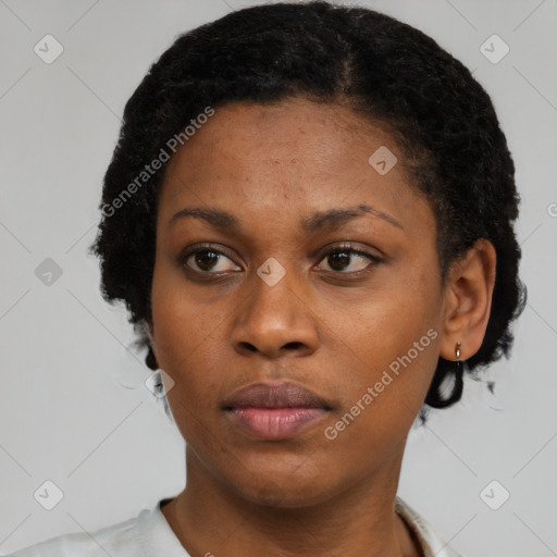 Neutral black young-adult female with short  black hair and brown eyes