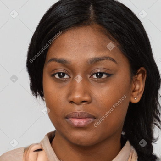 Neutral asian young-adult female with medium  brown hair and brown eyes