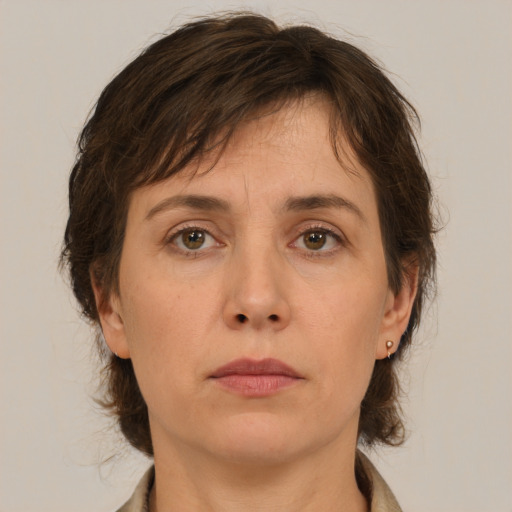 Neutral white adult female with medium  brown hair and brown eyes