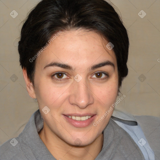 Joyful white young-adult female with medium  brown hair and brown eyes