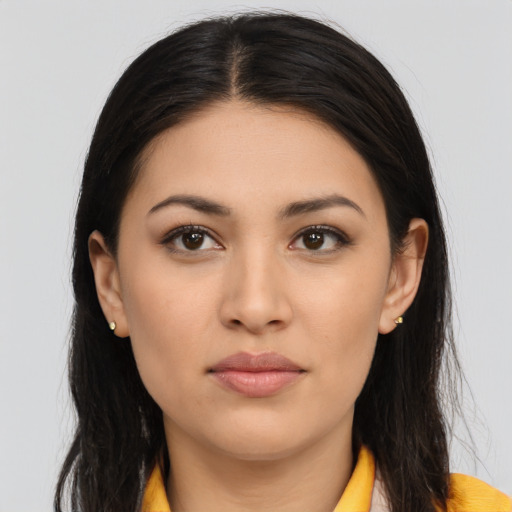 Neutral asian young-adult female with long  brown hair and brown eyes