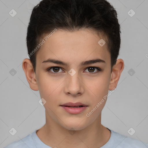 Joyful white child female with short  brown hair and brown eyes