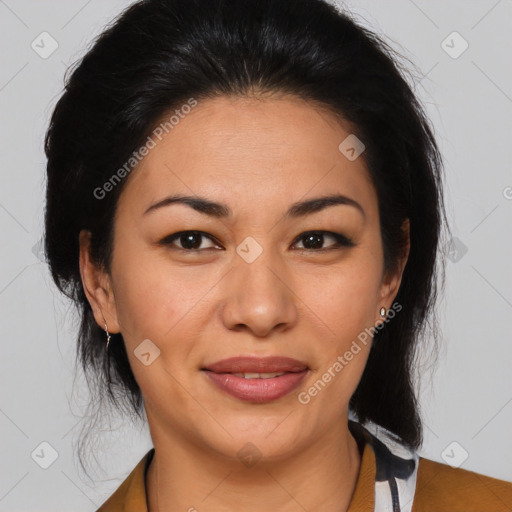 Joyful latino adult female with medium  brown hair and brown eyes