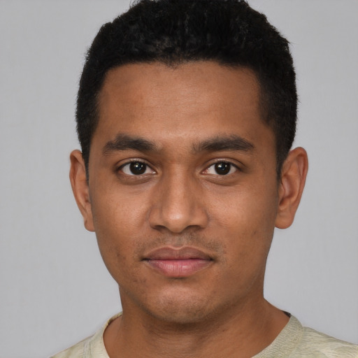 Neutral black young-adult male with short  black hair and brown eyes