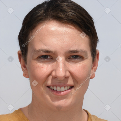 Joyful white young-adult female with short  brown hair and brown eyes