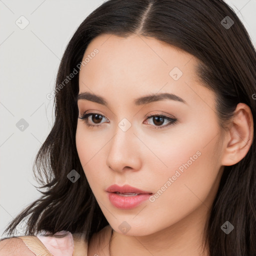 Neutral white young-adult female with long  brown hair and brown eyes