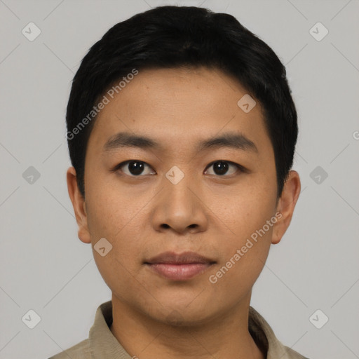 Neutral asian young-adult male with short  black hair and brown eyes