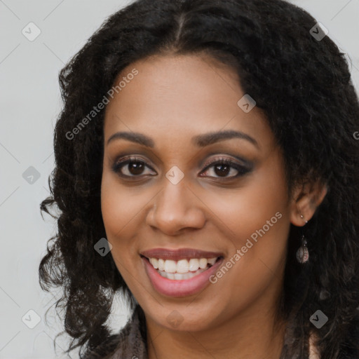 Joyful latino young-adult female with long  brown hair and brown eyes