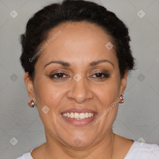 Joyful black adult female with short  brown hair and brown eyes