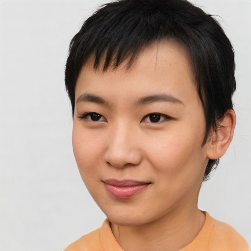 Joyful asian young-adult female with short  brown hair and brown eyes