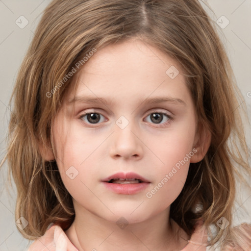 Neutral white child female with medium  brown hair and grey eyes