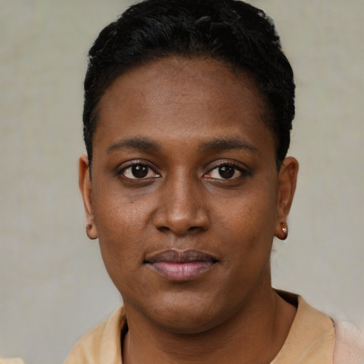 Neutral black young-adult female with short  black hair and brown eyes