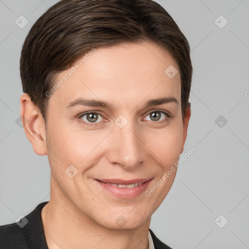 Joyful white young-adult female with short  brown hair and grey eyes