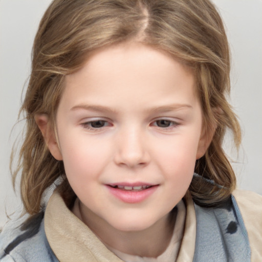 Joyful white child female with medium  brown hair and grey eyes