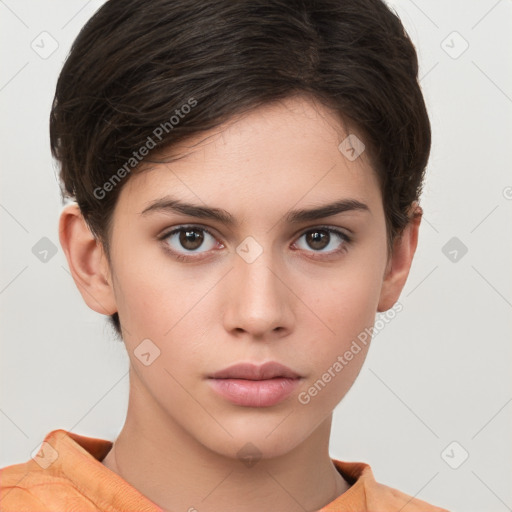 Neutral white young-adult female with short  brown hair and brown eyes