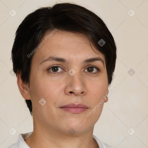 Neutral white young-adult female with short  brown hair and brown eyes