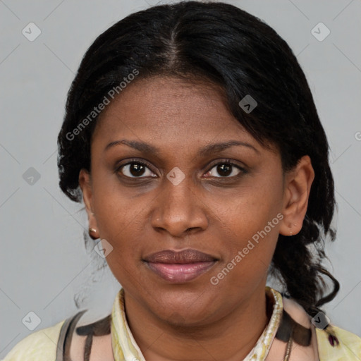 Joyful latino young-adult female with medium  brown hair and brown eyes