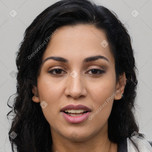 Joyful latino young-adult female with long  black hair and brown eyes