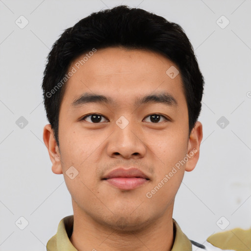 Neutral asian young-adult male with short  black hair and brown eyes