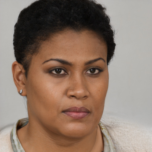 Neutral black young-adult female with short  brown hair and brown eyes