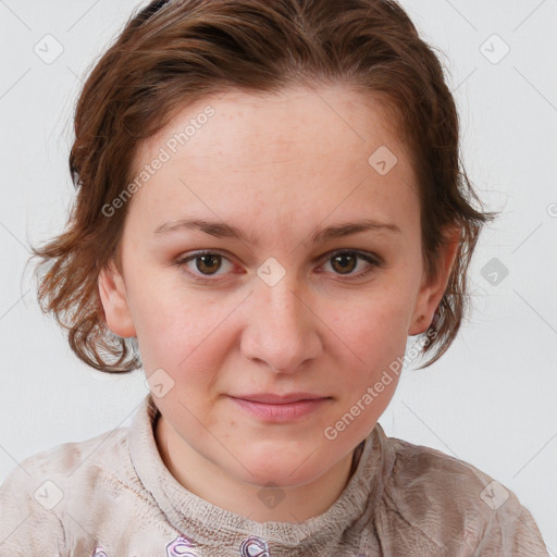 Joyful white young-adult female with medium  brown hair and blue eyes