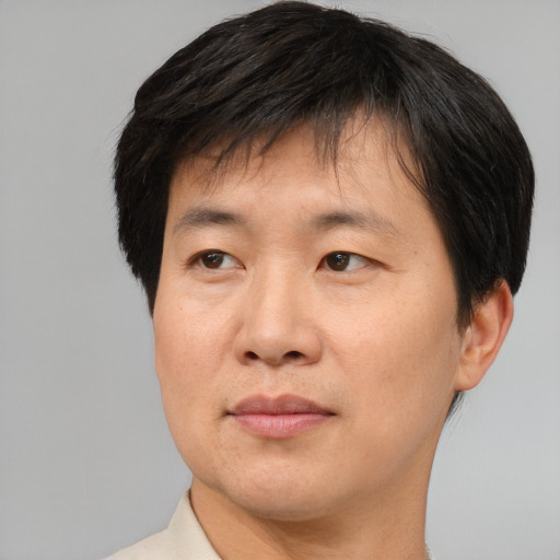 Joyful asian adult male with short  brown hair and brown eyes
