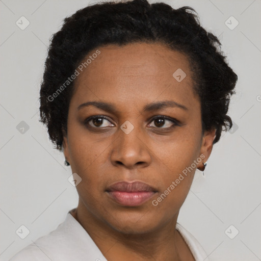 Neutral black young-adult female with short  black hair and brown eyes