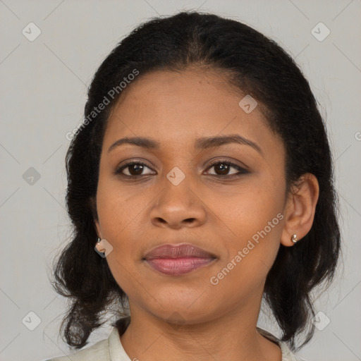 Joyful black young-adult female with medium  brown hair and brown eyes