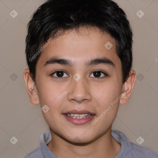 Joyful white child male with short  brown hair and brown eyes