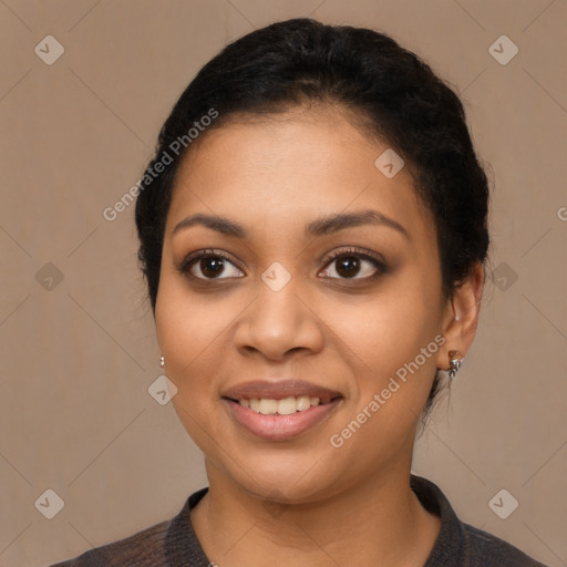 Joyful latino young-adult female with short  brown hair and brown eyes