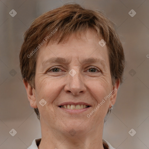 Joyful white middle-aged male with short  brown hair and brown eyes