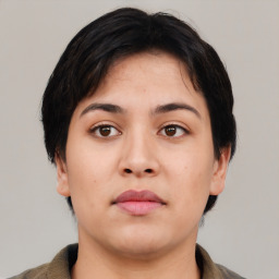 Neutral asian young-adult female with short  black hair and brown eyes