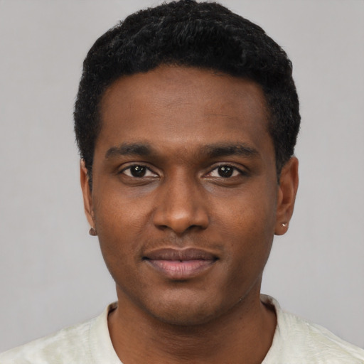 Neutral black young-adult male with short  black hair and brown eyes