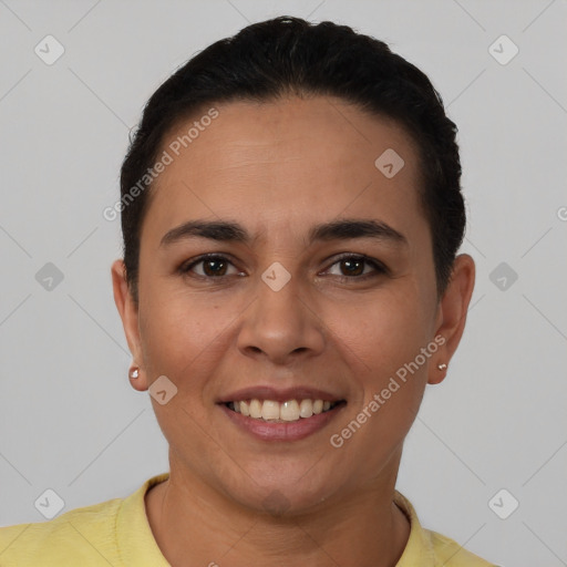 Joyful white young-adult female with short  brown hair and brown eyes