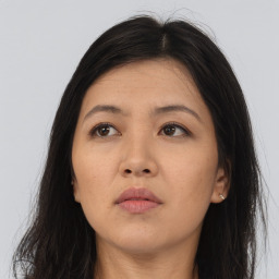 Neutral asian young-adult female with long  brown hair and brown eyes