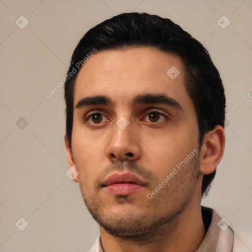 Neutral latino young-adult male with short  black hair and brown eyes