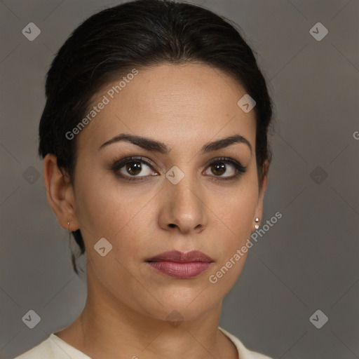 Neutral white young-adult female with short  brown hair and brown eyes