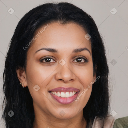 Joyful asian young-adult female with long  brown hair and brown eyes